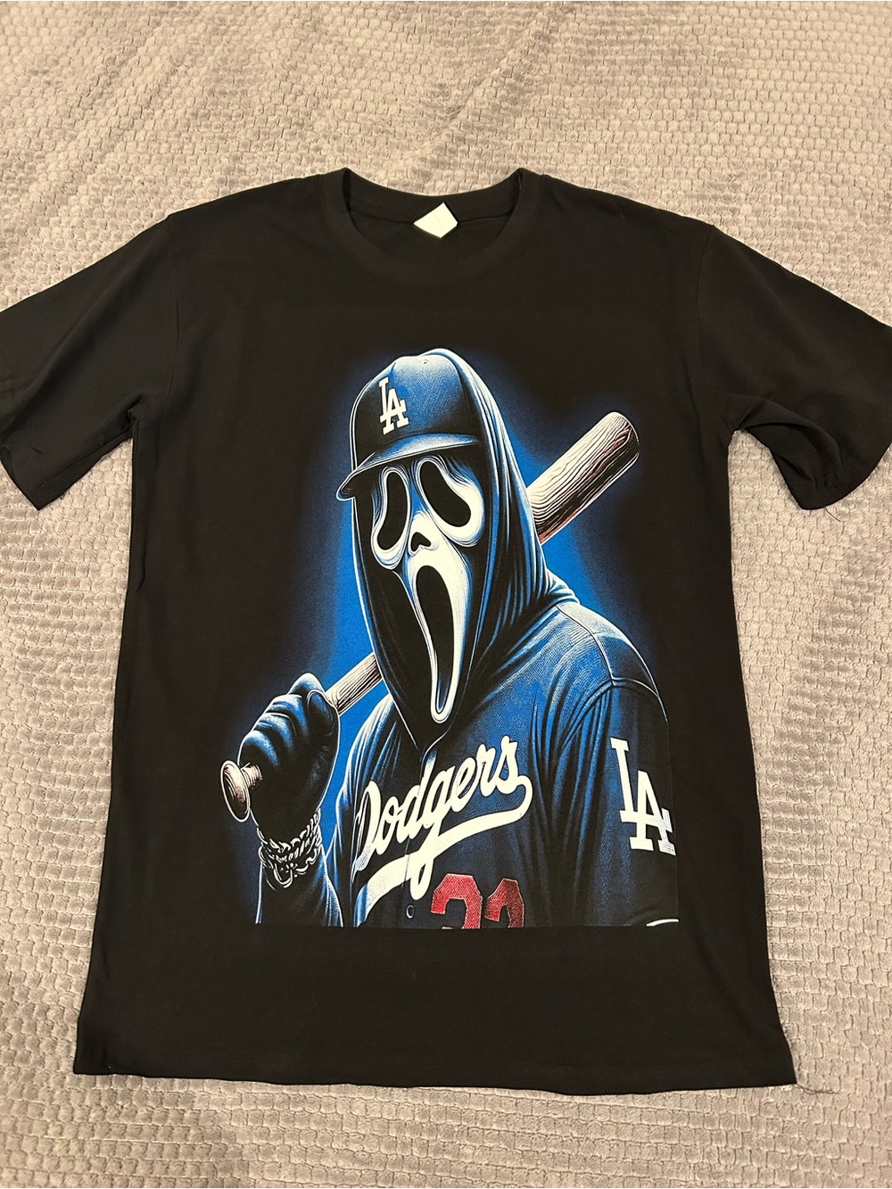 Black Graphic Tee with Scream Mask Design LA Dodgers Halloween